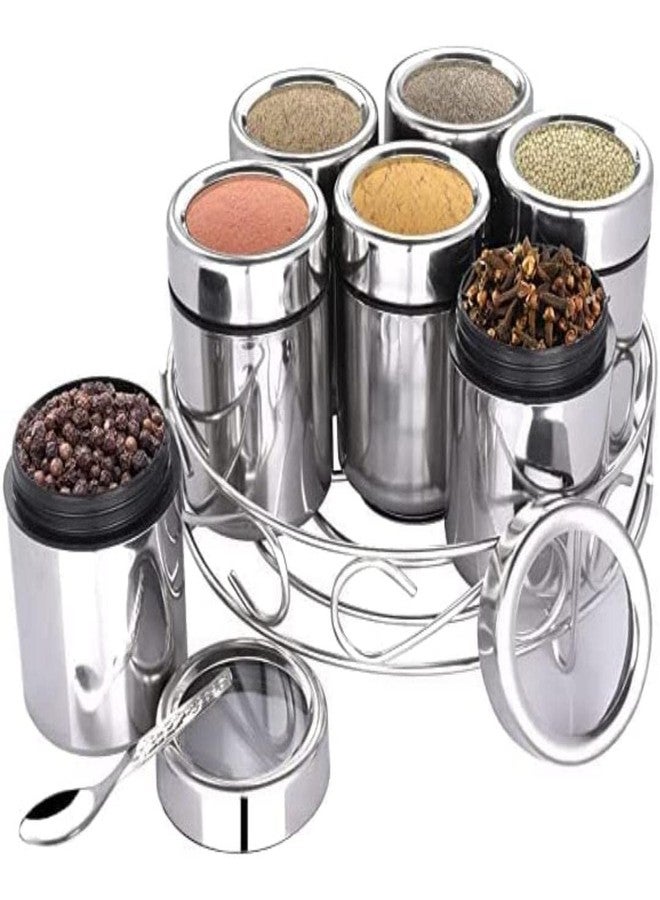 VISAXMI Stainless Steel Round Shape Masala (Spice) Box/Dabba/Organiser with See Through Lid with 7 Containers and 7 Small Spoon - Image 1